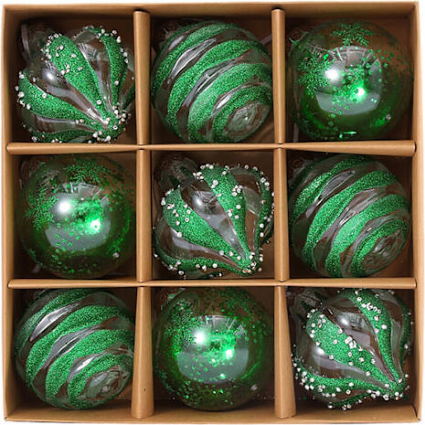Sett med 9 julekuler, klare glitterhengende dekorasjoner, knusefrie kuler for julepynt hjemme (én størrelse) green