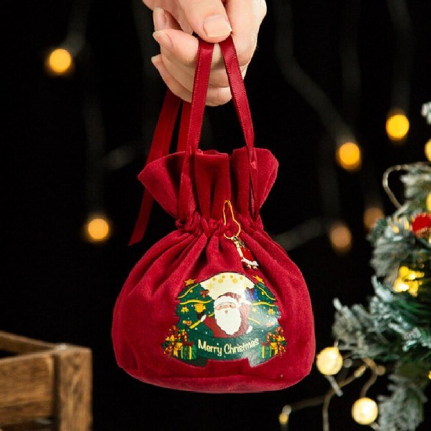 10-pakke røde trekksnor-julegaveposer, fløyelsstoff Gavepose