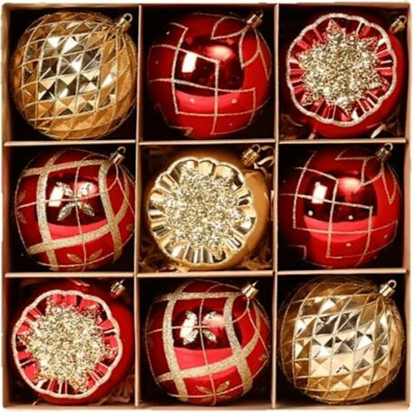 Julepynt, 10 cm, 9 stk. malte julekuler, gavepakke, juletrepynt Rot