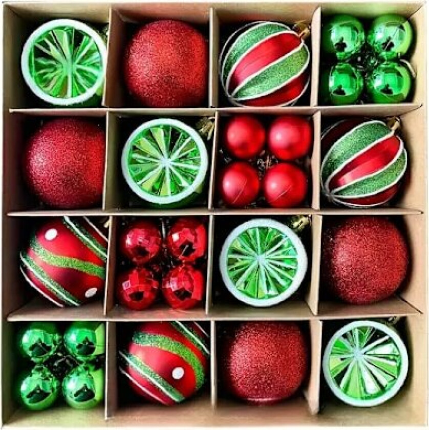 Julepynt, galvaniserte plastballer, malte julekuler, gaver, juletrepynt