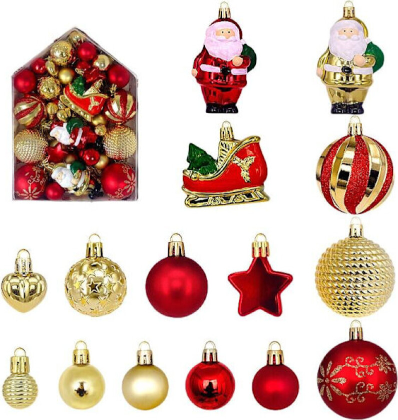 Julekulesett med 72 stykker julekuler, juletrepynt og festlig dekorasjon Gelb