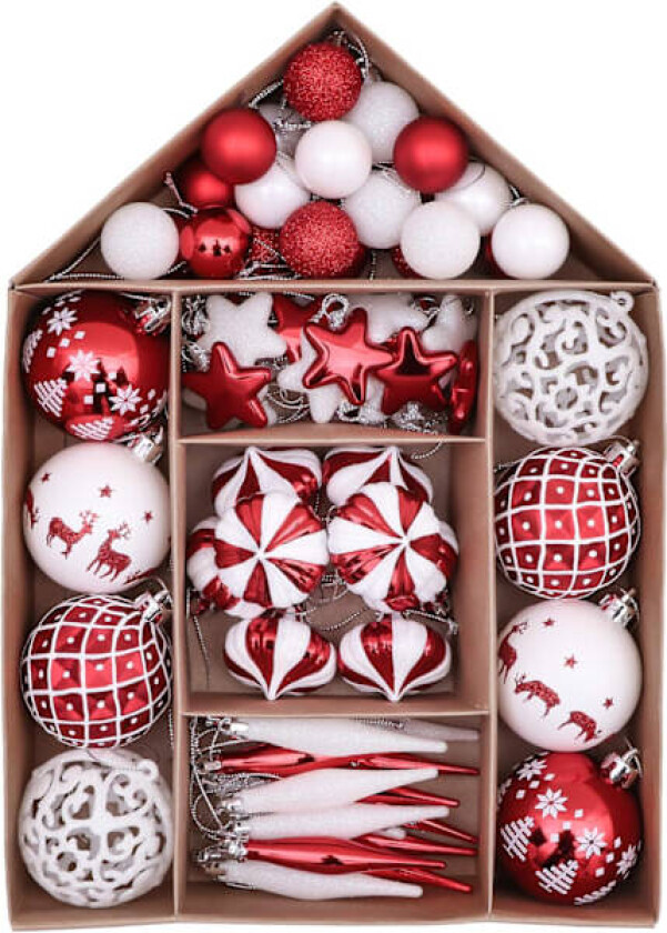 70 stk. knusefrie julekuler i pakke, 3-8 cm, tradisjonelle røde og hvite julekulepynt til juletrepynt, rød og hvit Red and White