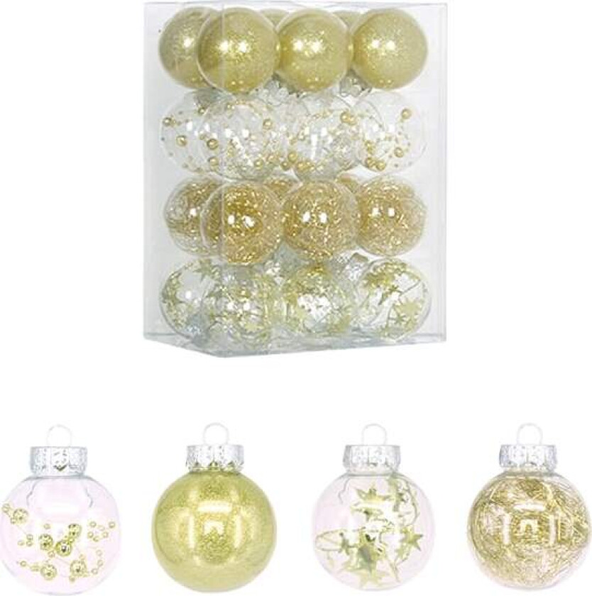 Set med 24 julekuler, 6 cm, i en boks, gjennomsiktig julepynt, kreativ oppheng Gelb