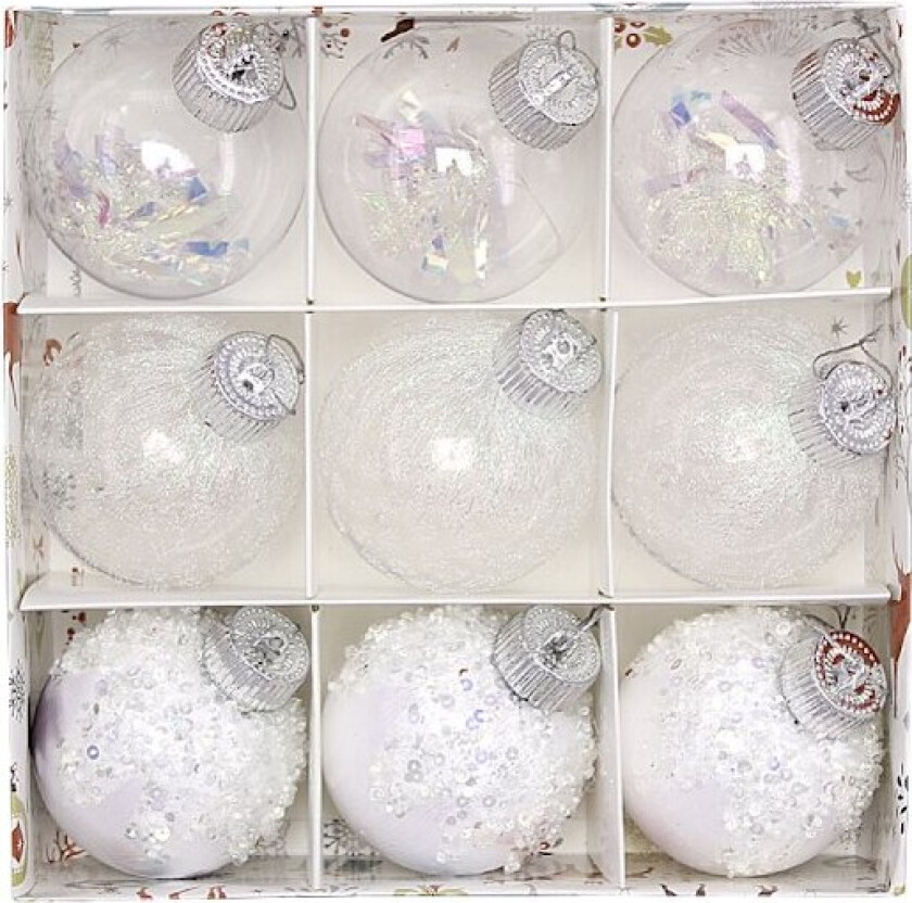 Ni julekuler med silkebånd, malte kuler, 8 cm, i en boks, julepynt Aprikose