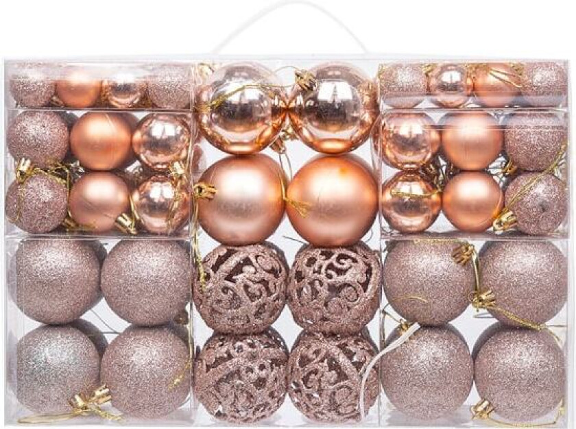 Pakke med 100 robuste julekule i plast innendørs utendørs julepynt roségull juletrepynt