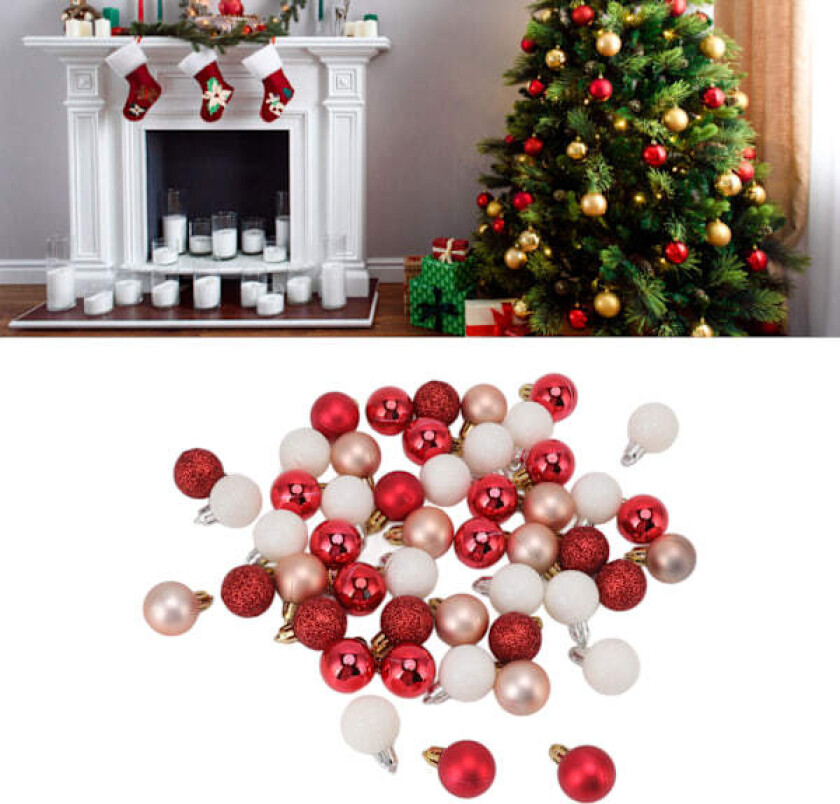 49 stk Mini Julekule Ornamenter Uknuselig Skinnende Fargerik Julekule for Ferie Bryllupsfest Dekorasjon Rød Hvit Rosa