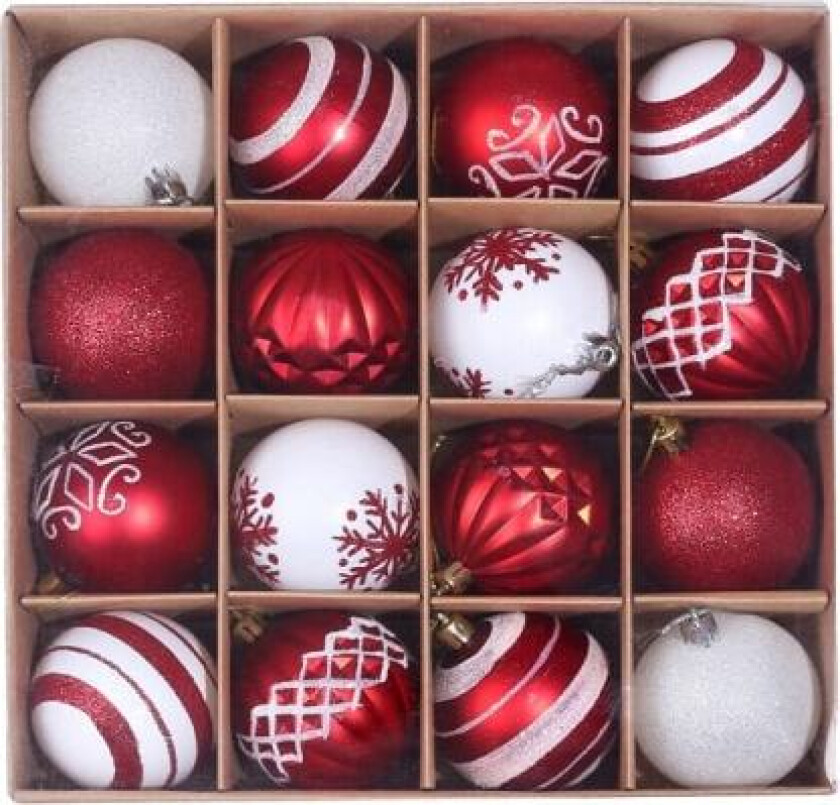 16 stk røde og hvite julekuler, 6 cm julekule
