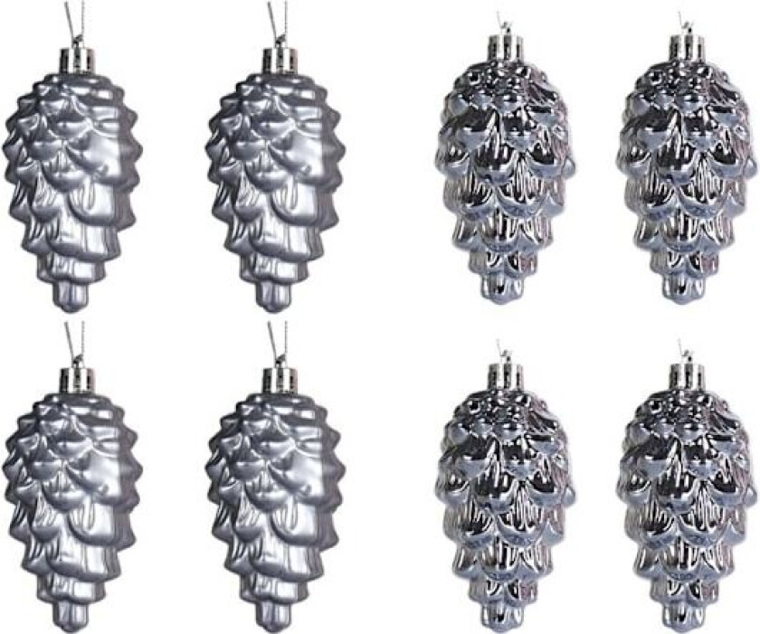 Set med 8 juletrærpynt, 9 cm, blanke og matte julekuler, kjegledekorasjon grau
