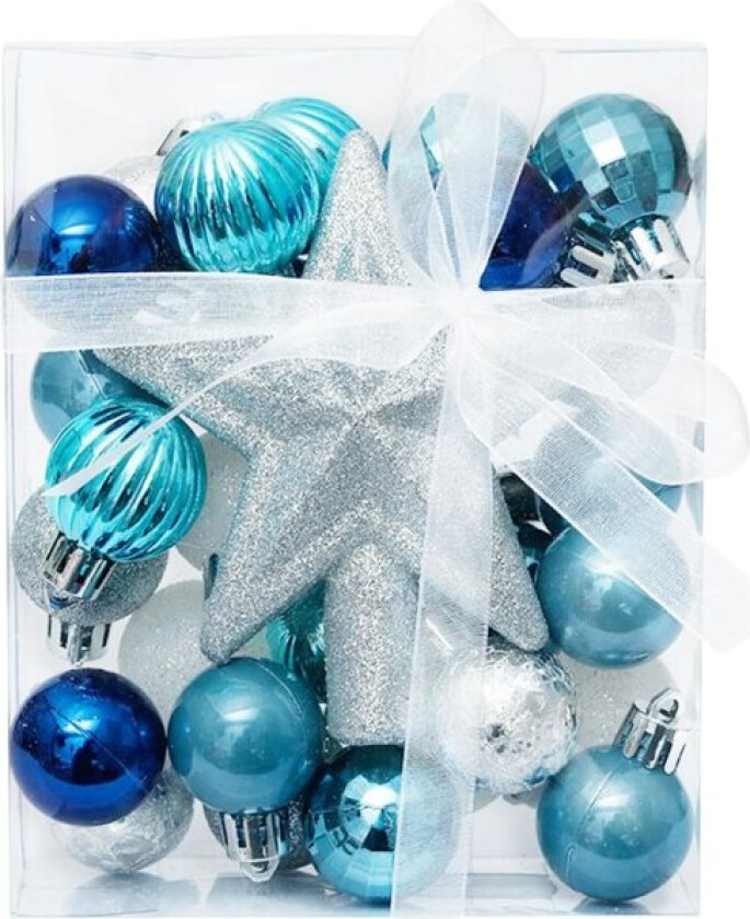 Juletrærpynt, 30 stk Små Juletrærpyntsett med Stjerne Topppynt Blå Julekule Hengepynt for Juletrær