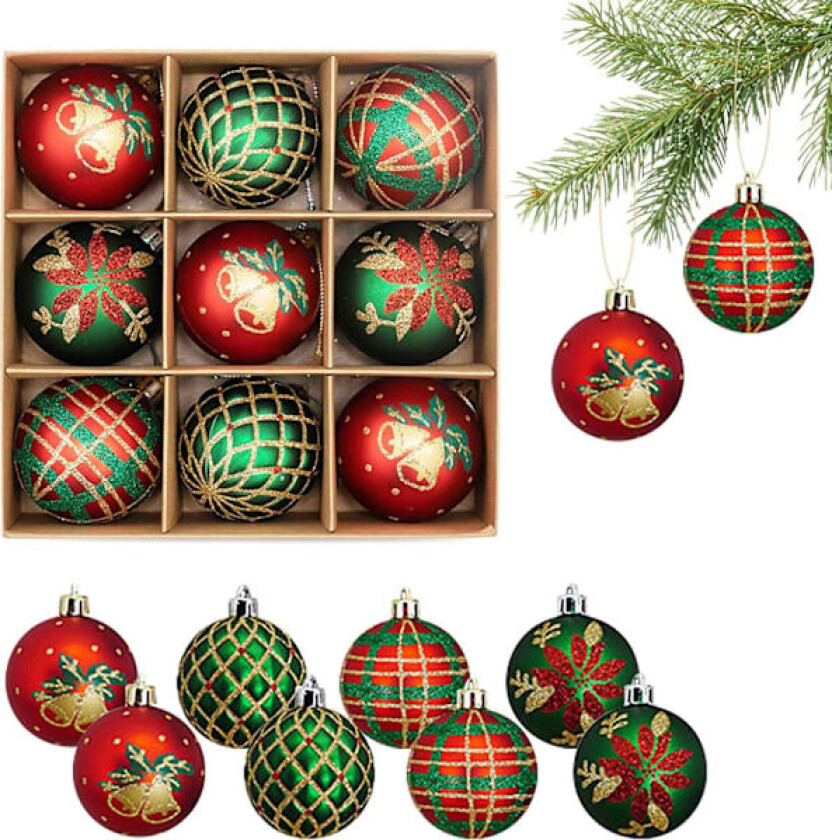 9 stk Julekuler, 60mm Julekulepynt for Juletreet, Knusefrie Kuler, Sesongpynt
