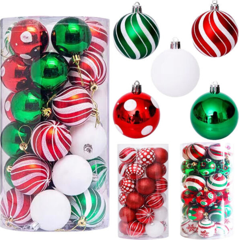 Julekuler Sett 30 stk 6CM Juletre Kuler Pynt til Juletre Rød & Hvit & Grønn Trepynt Gran Trepynt Kuler Jul