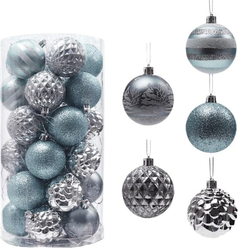 Set med 30 hvite håndmalte julekuler, 6 cm, juledekorasjon grau