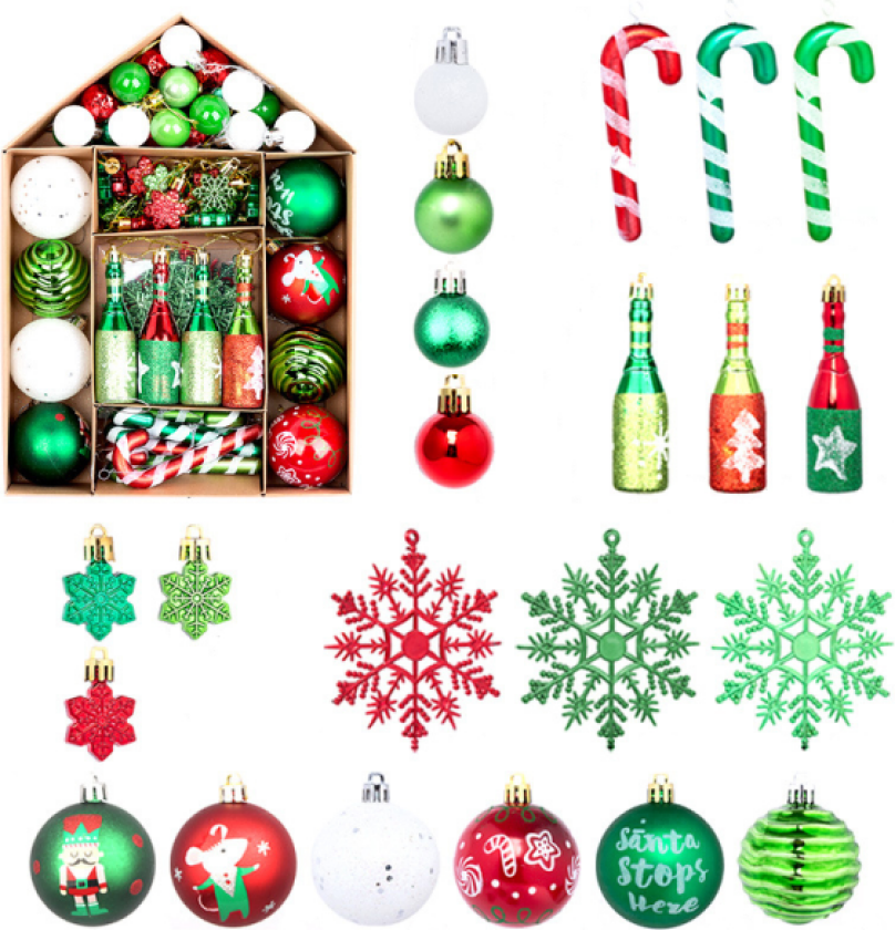 Julekulesett, 70 stk knusesikre julekuler i plast Rød & Grønn & Hvit #2