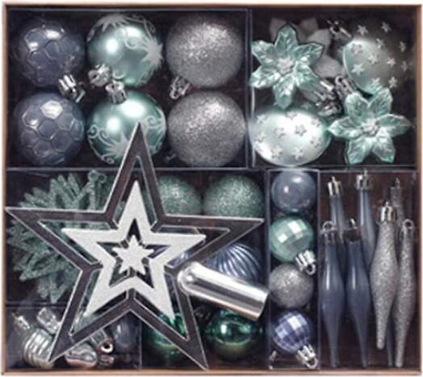 Julepyntsett for hengende i treet, knusefritt, julekuler, stjerner, anheng (romblå)