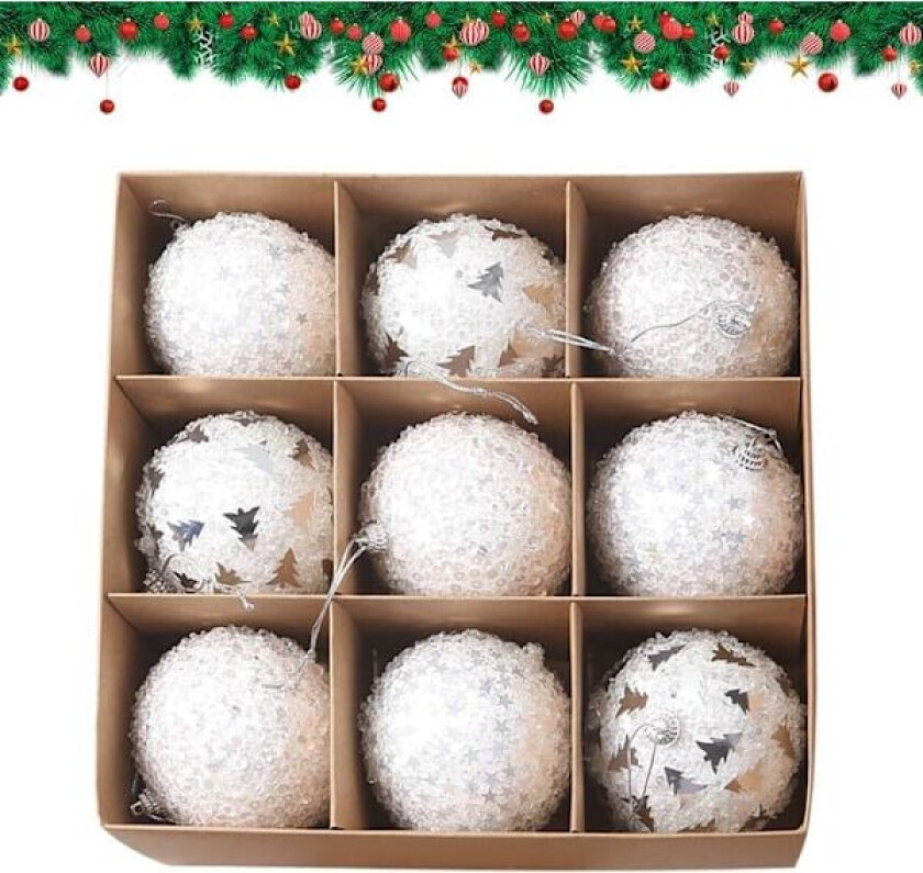 (hvit) Sett med 9 knusefrie julekuler - 8 cm - Glitrende julekuler - Hvit og Champagne - Juletre