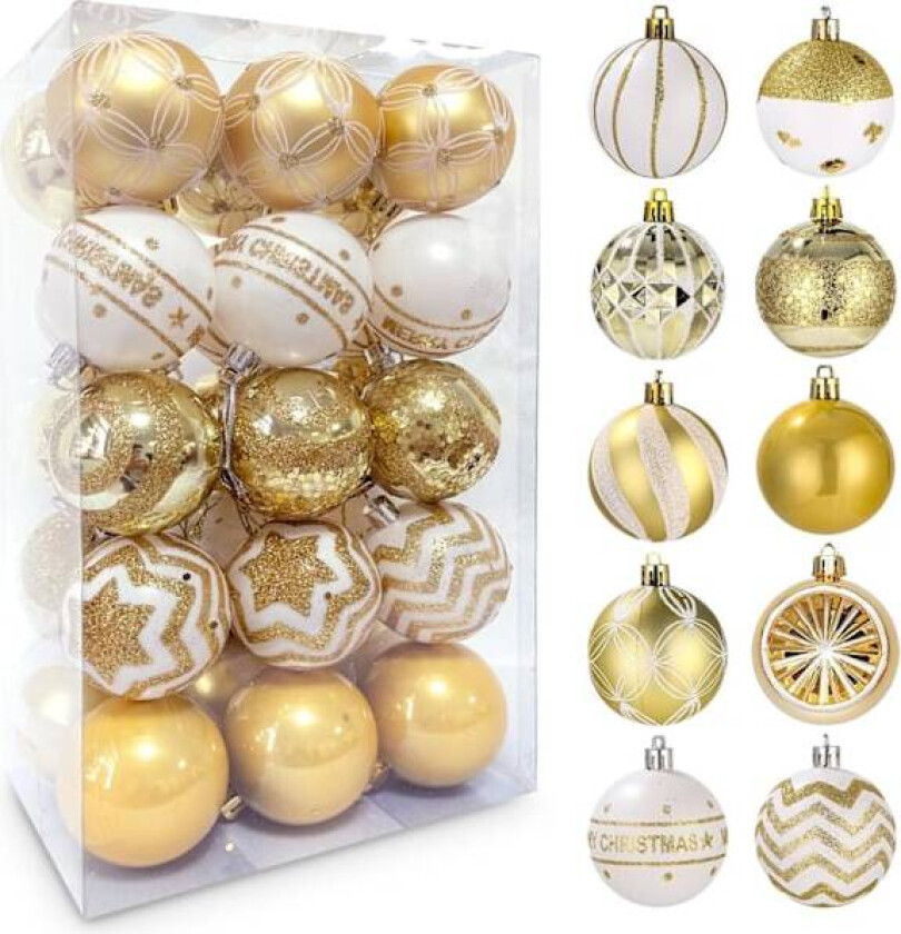(Hvit og gull)30 stykker julekuler, 6 cm plast juletrpynt, julekulehengende til jul