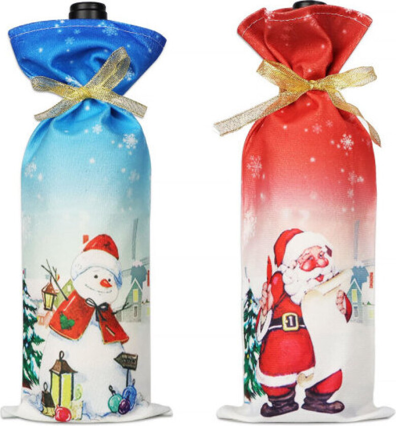 Julegavepose til vinflaske med snøring, gavepose til vin, julenisse, snømannmønster, julegavepose til vinflaske
