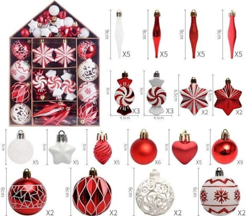 Julepynt til juletreet, 73 stk Julepyntsett Rød Grønn Gull Julekule -Rød og hvit konfekt