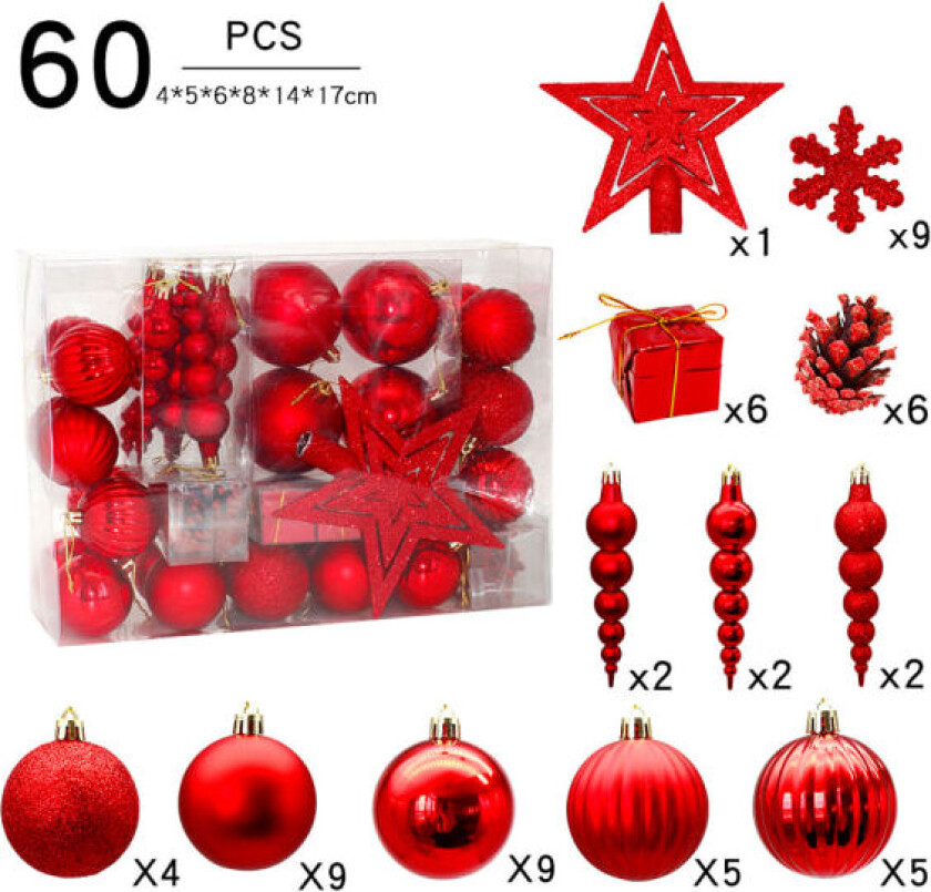 Julekuler anheng juletre 60 stk snøfnugg kongler skinnende plastballer julepynt