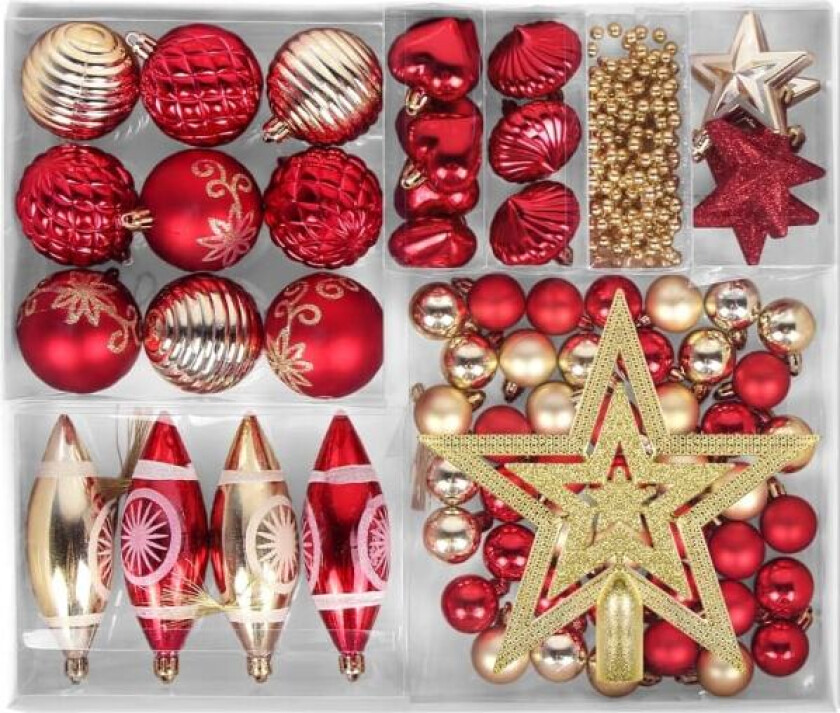 Røde julekuler, juletrepynt 73 deler, plast
