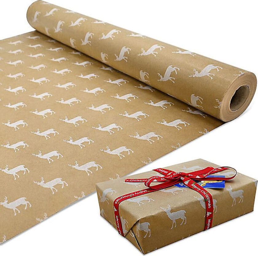 Rull med Kraft Hvit Elg Gavepapir, 100% Resirkulerbart ECO Gavepapir til Bursdagsfest Juldekorasjoner (15m x 43cm)