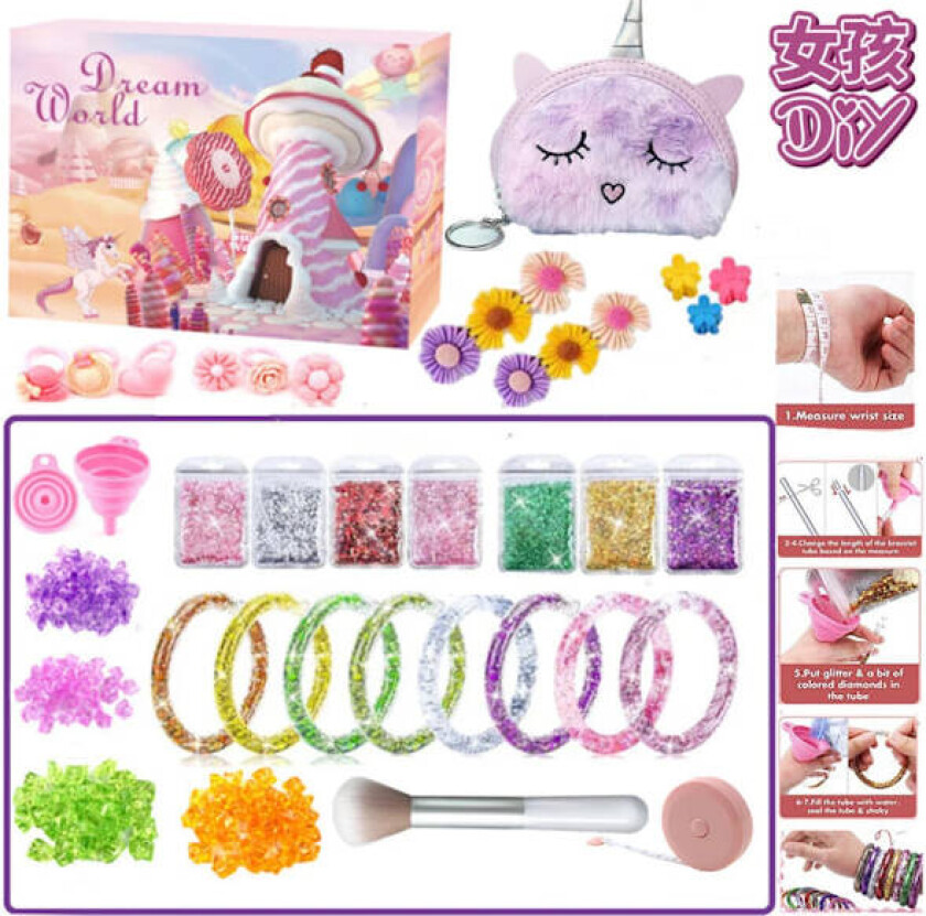 Julekalender med sjarm for 2024 - 24 dagers nedtelling, julegave til jenter, halskjede, armbånd, enhjørning style 7