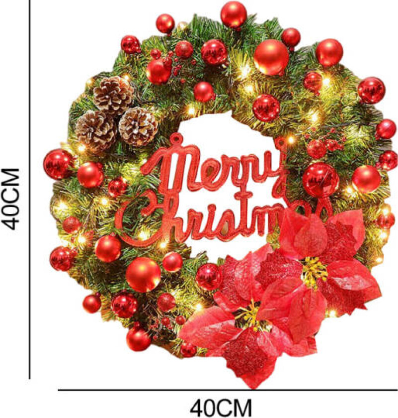 Julekrans 40cm Kunstig Juletre-Kogler Krans med LED-lys Julepynt for Inngangsdør Nyttårsgave