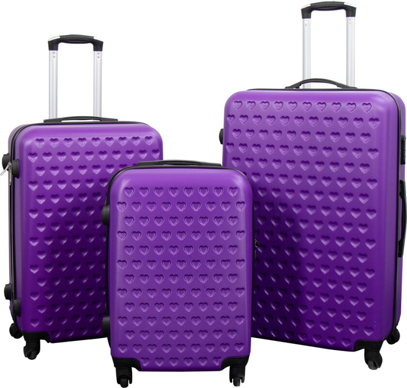 Koffertsett - 3 stk. Hardcase kofferter tilbud - Lilla koffert med hjerter