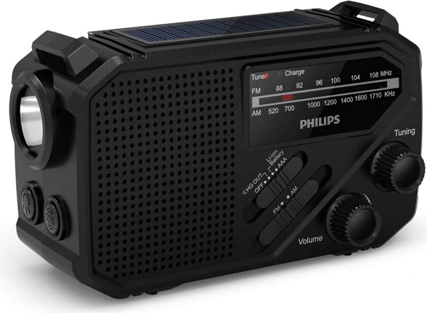 TAR160900 FM/AM nødradio med lommelykt, solceller og sveiv - svart