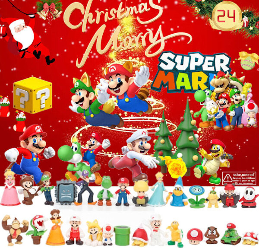 Super Mario Barnas Julekalender 2024, 24 Overraskende Julegaver med Mario Lekefigurer Fargerike