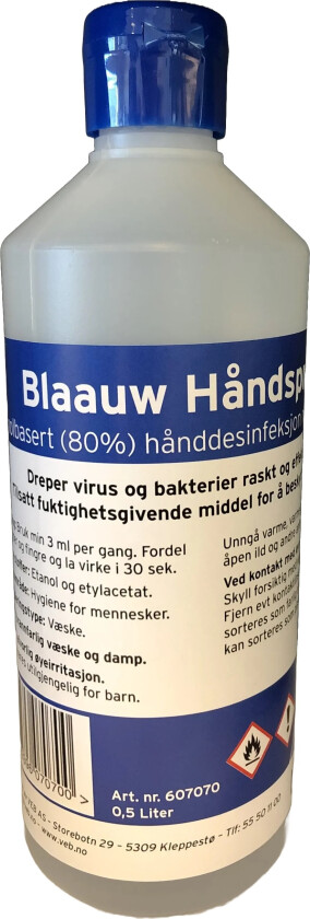 Håndsprit Blaauw 80% desinfeksjon 0,5ltr