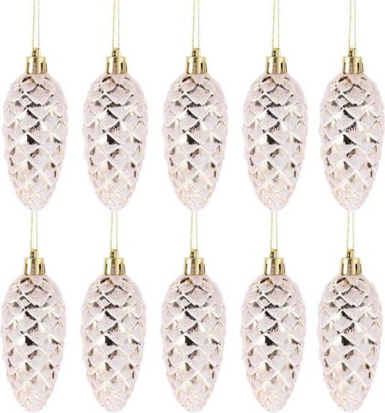 Sett med 10 Glitter Julekuler - Kjegle - Champagne - til Julepynt (Champagne)