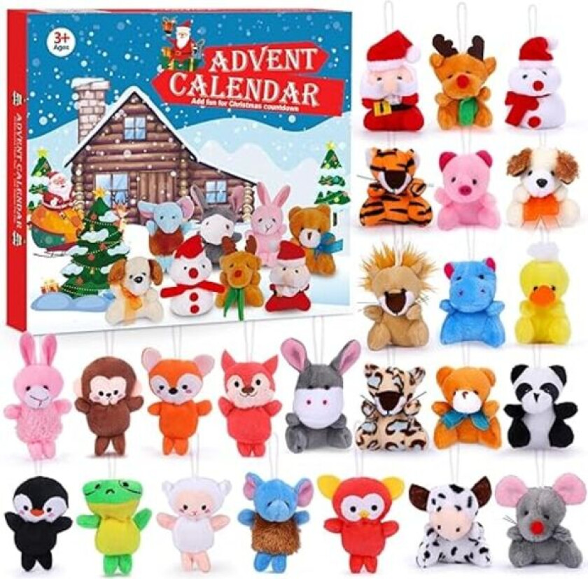 Adventskalender 2024 for Barn 24 Dager Julekalender med Mini Plysjdyr Stofdyr Julepynt Strømpe St