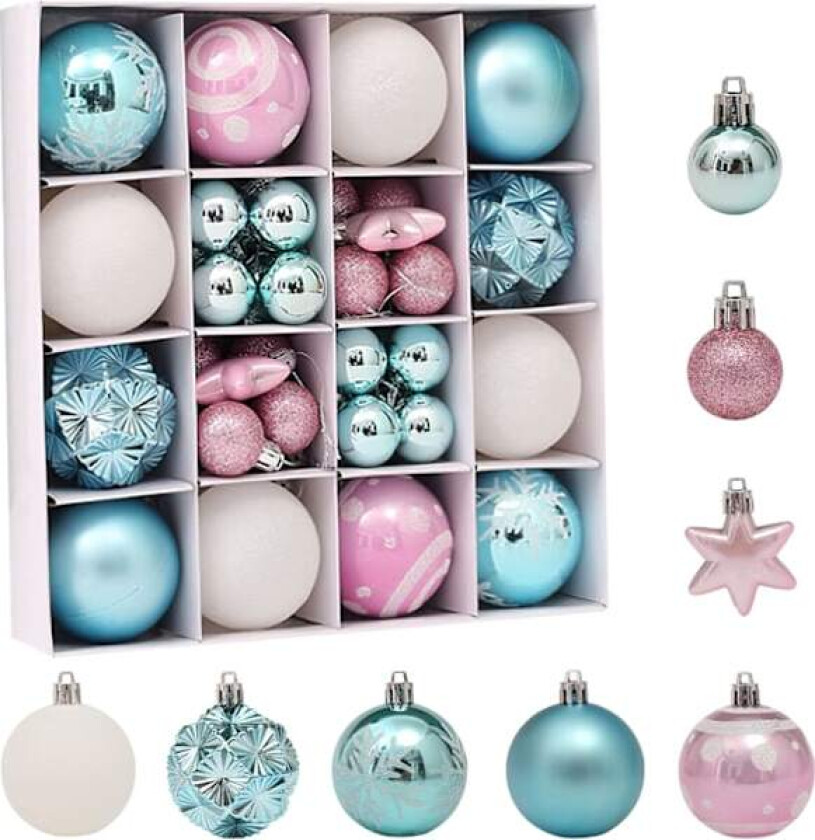 42 stk Små Julekulepynt Uknuselig Plast Hengekuler for Juletre Fest Bryllup Dekorasjon (Blå Hvit)