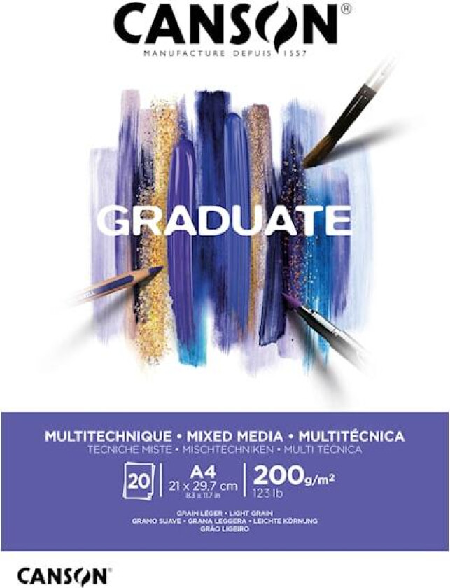 Mixed Media-papir A4-blokk, 20 ark 200g, Canson Graduate
