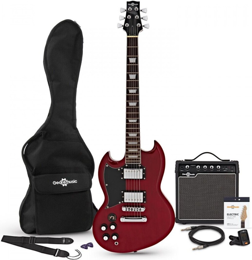 Gear4Music Brooklyn Venstrehendt Elektrisk Gitar + 15W Forsterkerpakke Rød
