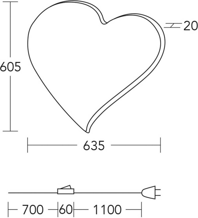 LED-vegglampe Herz maxi, 60,5 cm, tre, støpsel