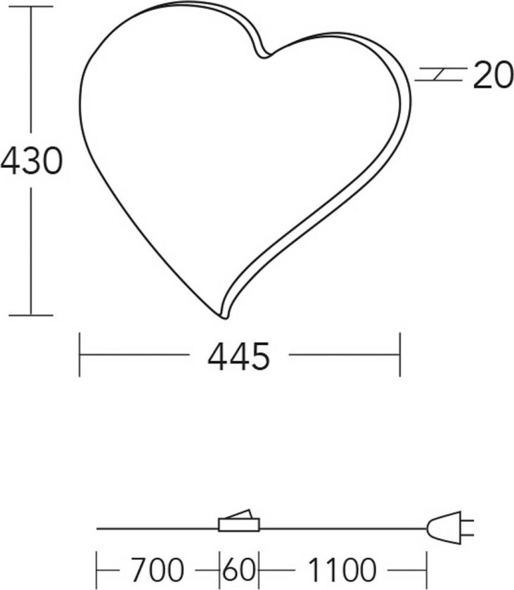 LED-vegglampe Herz midi, 43 cm, tre, støpsel