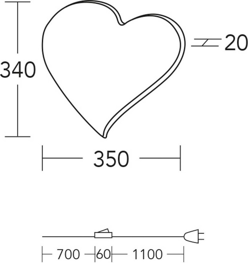 LED-vegglampe hjerte mini, 34 cm, tre, støpsel