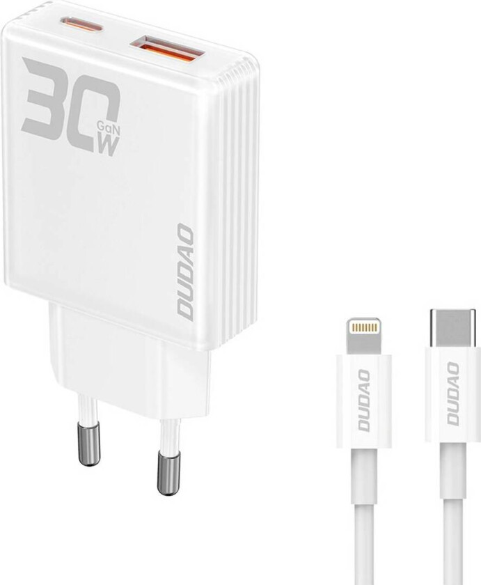 GaN 30W PD-lader USB-C/USB-A inkl. 1m USB-C til Lightning-kabel - Hvit