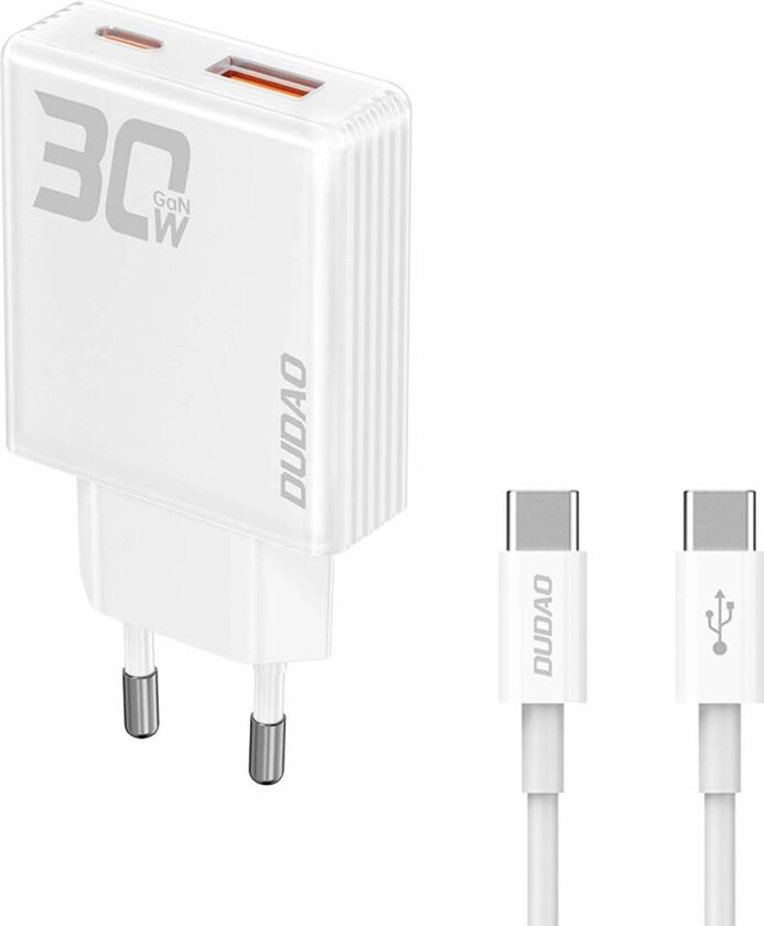GaN 30W PD lader USB-C / USB-A inkl 1m USB-C kabel - Hvit