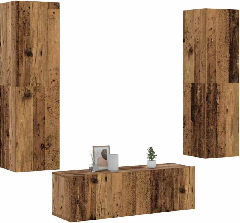 Vegghengte TV-benker 3 stk gammelt tre konstruert tre