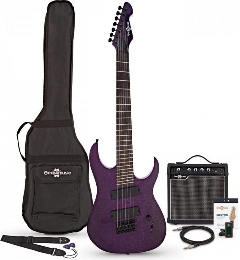 Bilde av Gear4Music Harlem S 7-Strengs Fanned Fret Gitar + 15W Forsterkerpakke Purple Sparkle