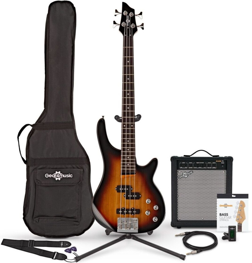 Gear4Music Chicago Short Scale Bassgitar + 35W Forsterkerpakke Sunburst