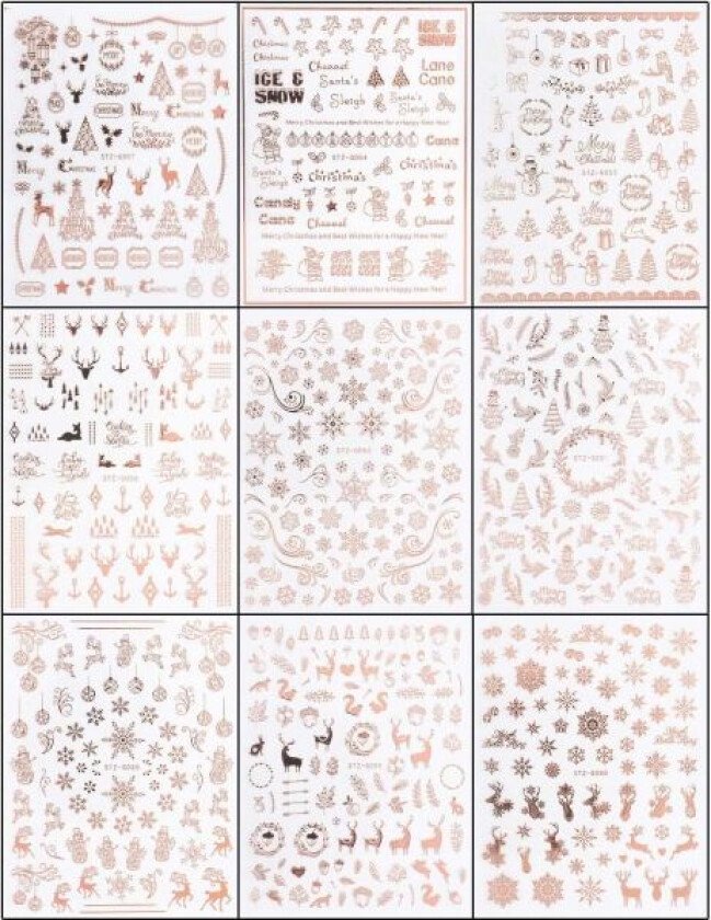 9 ark Jul Nail Art Stickers Dekaler Självhäftande Nagel Stickers Snöflinga Ren Mönster DIY Dekorationsverktyg Tillbehör, Rose Gold