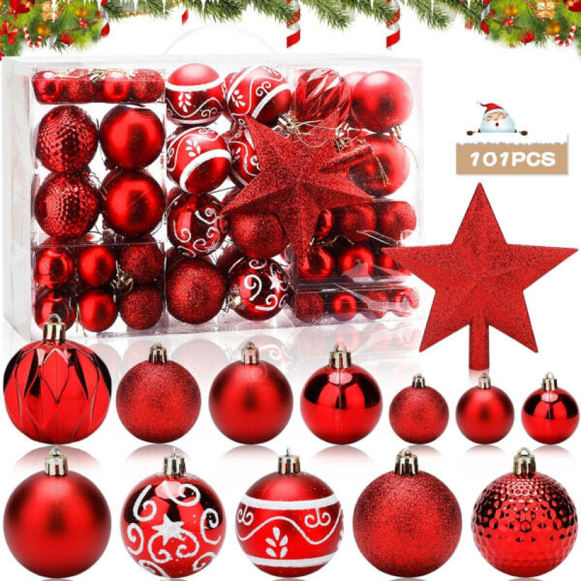 101 julekulepynt, ornament, med juletretoppstjerne, julekule i plast, julekuler