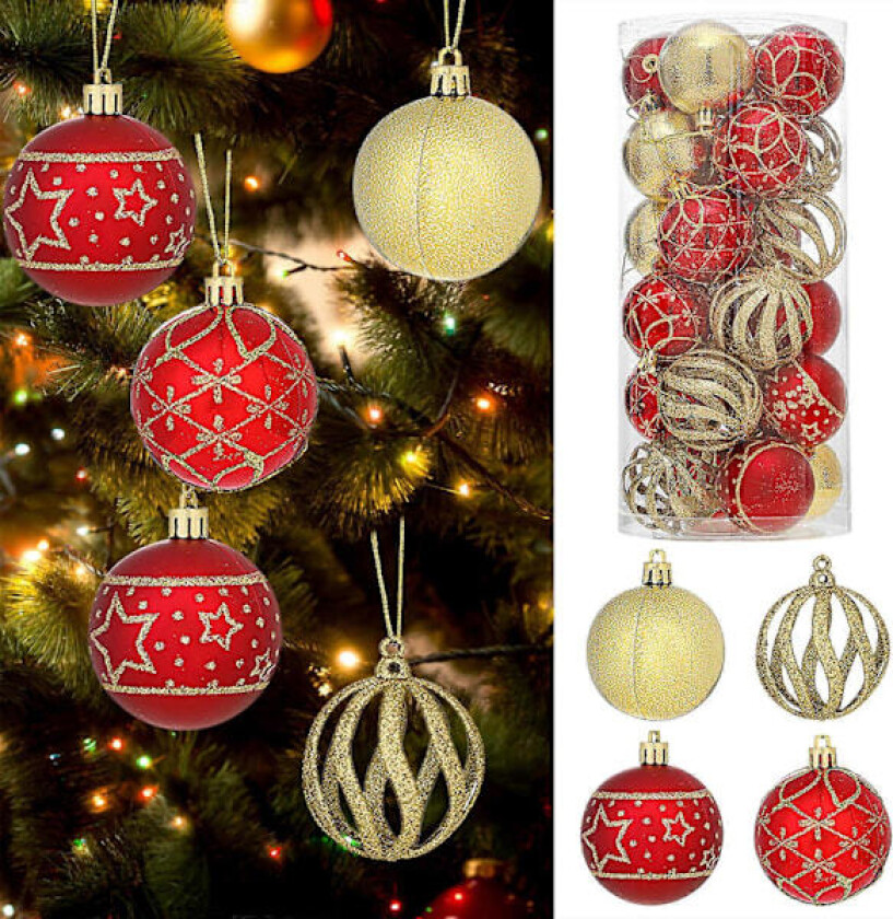 Julepynt, Takkulepynt 6cm Forgylt Plastkule, Malt Julekule Henger Julekuler red,gold