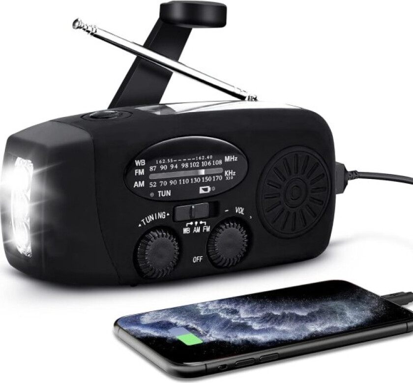 Vevradio med solcelle, lommelykt og 2000mAh Powerbank rød SOS black