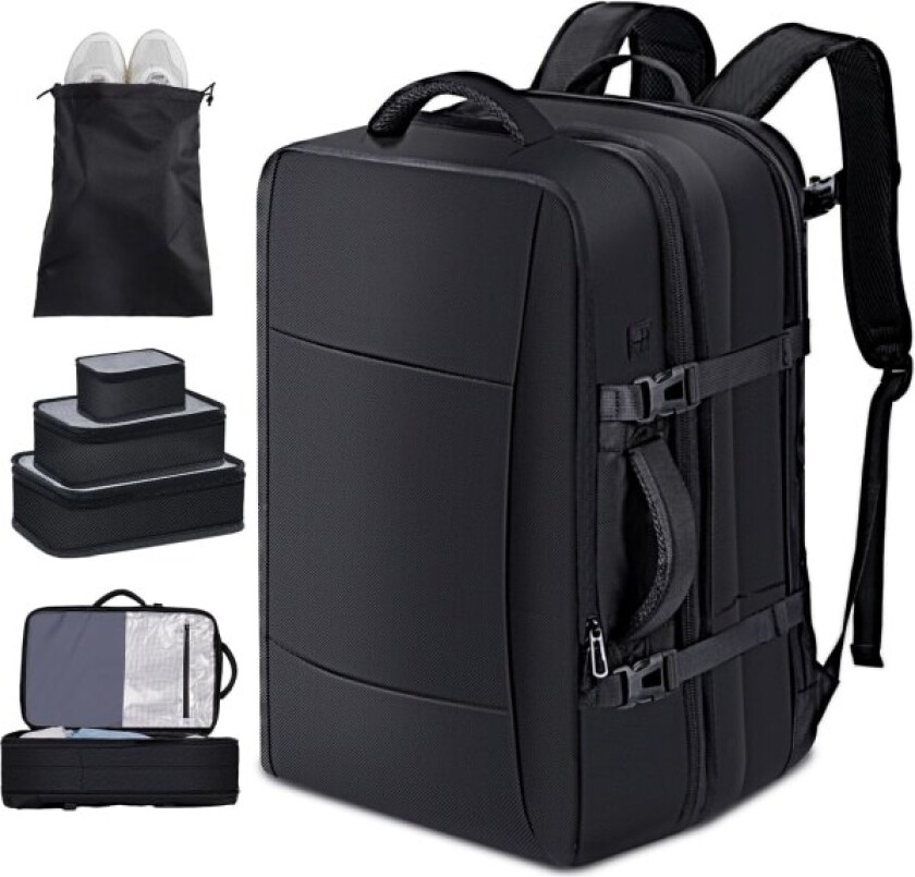 Flykabin Reise Ryggsekk 30L-40L, Stor Anti-Tyveri Håndbagasje for 17 Tommers Bærbar PC Vanntett Svart