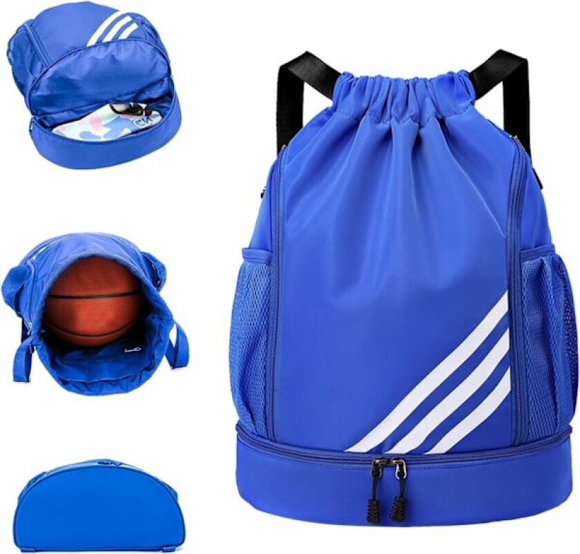 Snøresekk, vanntett svømmebag for barn og voksne, stor snøresekk for trening, sportsbag med snøring, unisex PE-bag med skofag Blue